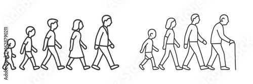 Evolution of human life stages represented through simple line drawings of individuals walking in various ages from childhood to old age