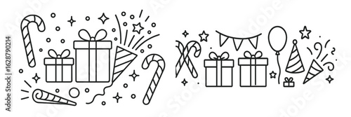 Festive celebration decoration with gifts, candies, and balloons for a joyful event during the holiday season