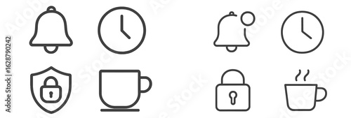 Design elements featuring alarm bells, clocks, cups, and locks in a minimalist style for digital interfaces