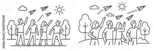 Group of people launching paper airplanes under a sunny sky in a park during daytime
