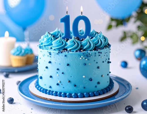 A vibrant blue birthday cake topped with a number 10 candle is presented on a table. Blue balloons and decorations enhance the cheerful atmosphere of the celebration