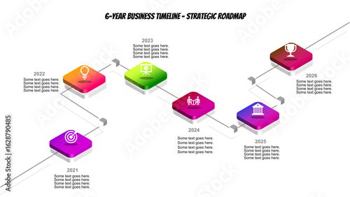 3D Gradient Timeline Infographic with 6 Milestones from 2021 to 2026 – Isometric Business Roadmap Template for Planning, Strategy, Annual Report, and Corporate Presentation