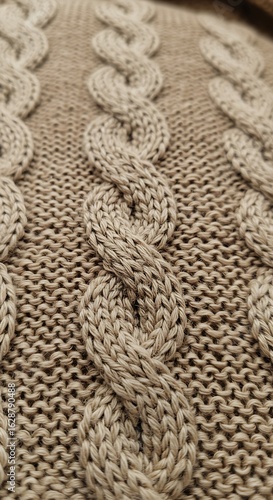 Close up view of a textured beige knitted fabric with a prominent cable knit pattern creating a cozy and warm visual effect