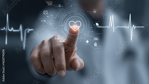 A doctor's finger touches a glowing heart icon superimposed on a digital interface displaying medical data.  A heartbeat graph lines the image