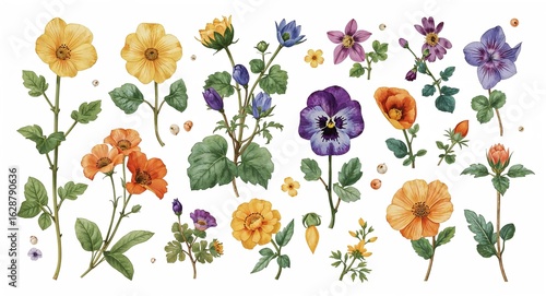 Vibrant Watercolor Botanical Collection: Hand-Painted Flowers Leaves & Buds on White