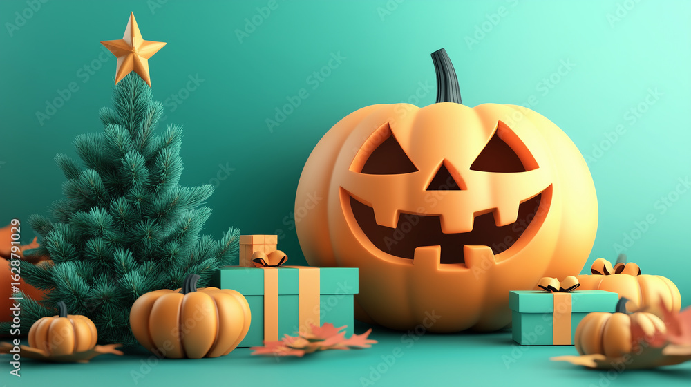 Fototapeta premium Halloween pumpkin and Christmas tree with gift boxes for the holiday season