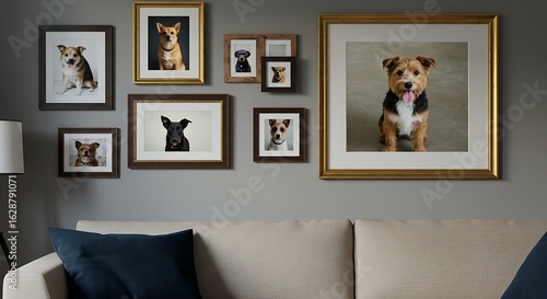 Charming gallery wall featuring framed dog portraits displayed above a comfortable sofa in a modern living room setting