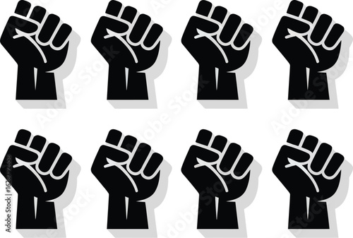 Symbol of Resistance and Solidarity: A powerful visual of raised clenched fists, a universal emblem of defiance, unity, and collective strength, rendered in stark monochrome to underscore its message.