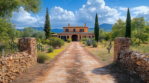 Mediterranean Villa with Stone Walls and Cypress Trees