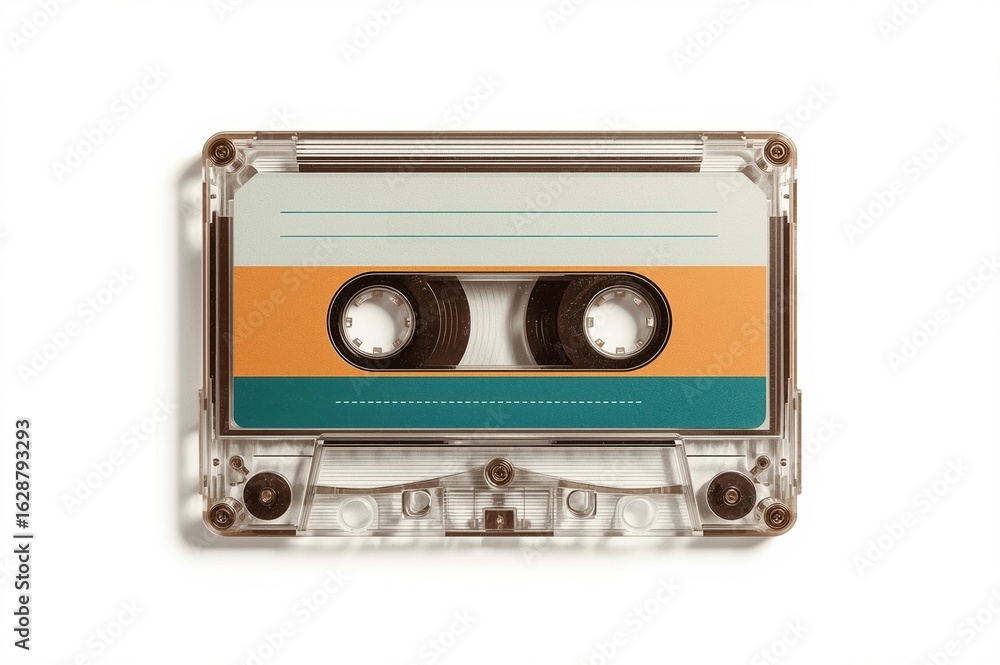 Obraz premium Retro audio cassette tape with colorful label design isolated on white background