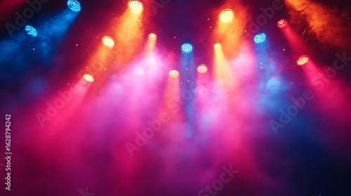 Vibrant Stage Lighting with Pink, Blue, and Orange Spotlights and Smoke