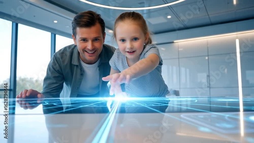 Happy Father and Daughter Exploring a Futuristic Interactive Holographic Table in a Smart Home.
