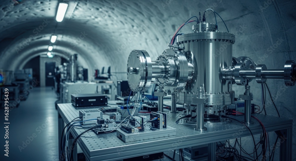 Obraz premium Ultraquiet subterranean laboratory environment showcasing a lowbackground radiation measurement system crucial for particle physics experiments.
