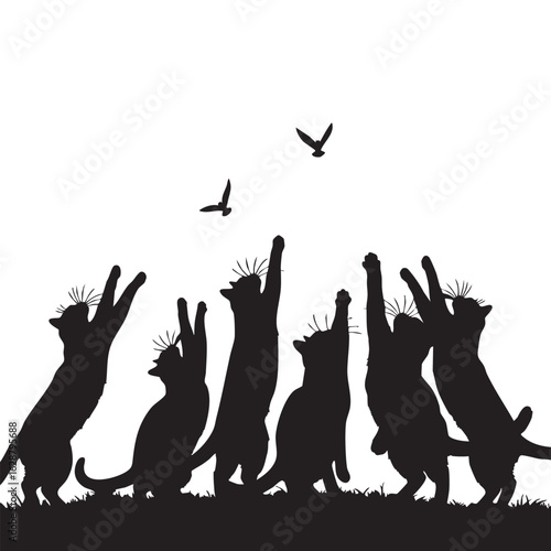 Black cat silhouettes reaching for birds in the sky cats kittens