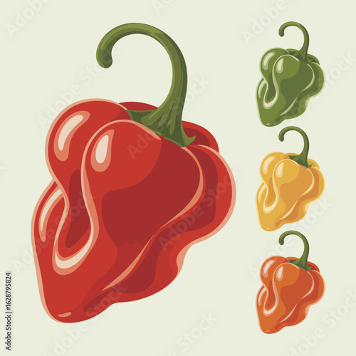 Vibrant habanero peppers in red yellow green and orange colors