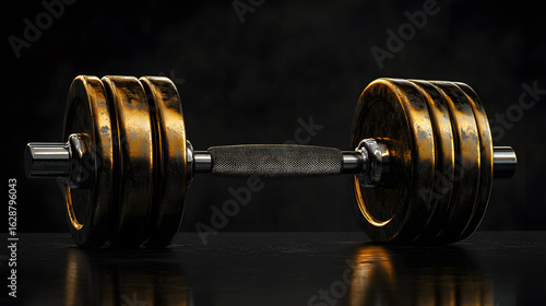 Gold dumbbell metal fitness gym weight black background strength exercise equipment shiny Gold dumbbell with metal plates black background fitness