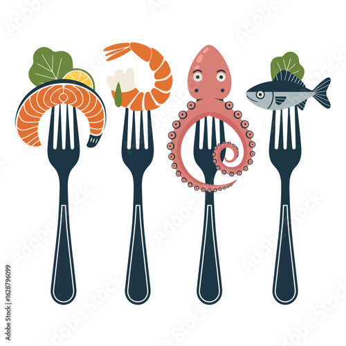 Four forks displaying delicious seafood dishes with fresh ingredients