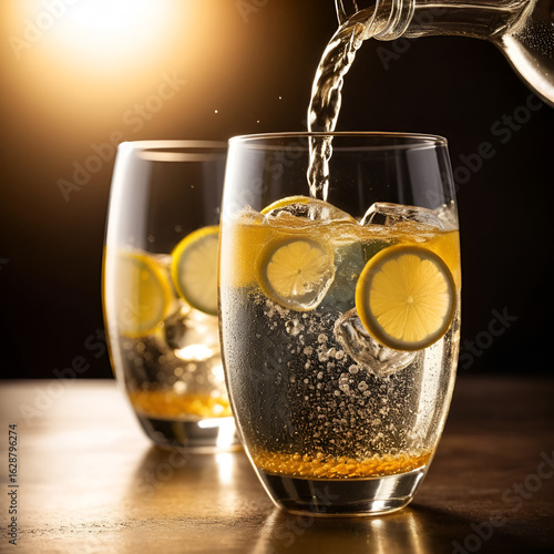 Refreshing carbonated beverage being poured into a glass creating bubbles and splashes in a warm light setting