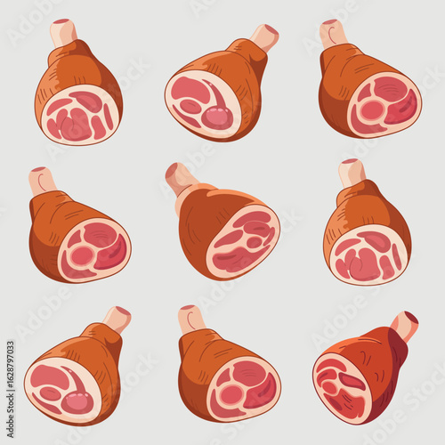 Collection of raw ham hocks with bone and marbling