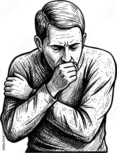 Man coughing into elbow while feeling unwell in a sketched style  
