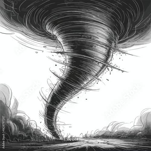 Powerful tornado swirling debris against a white sky