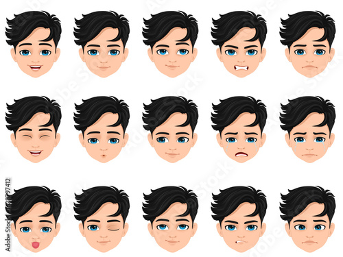 young boy with black straight hair facial expressions