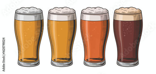 Four glasses of beer with different colors and foamy tops