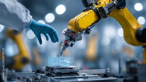 Automated future with precision robotic arm working alongside gloved human on transparent background
