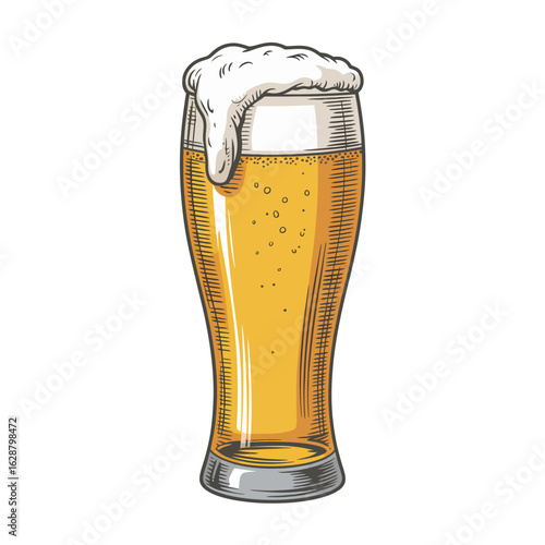 Illustration of a tall glass filled with golden beer and foamy head