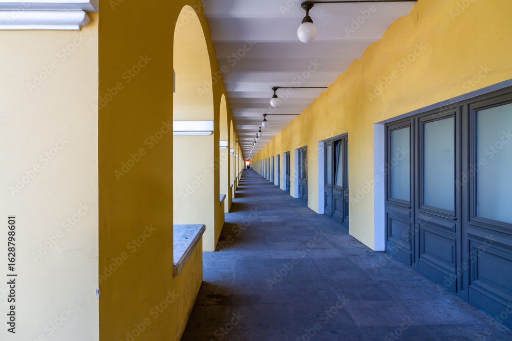 Obraz premium Perspective view of the long arched gallery of Nikolskie Rows with yellow walls and grey doors. Classic architecture and symmetry. Saint Petersburg, Russia