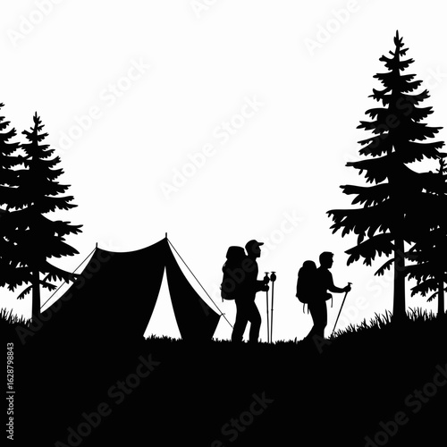 Camping Silhouette with Hikers and Tent in Nature