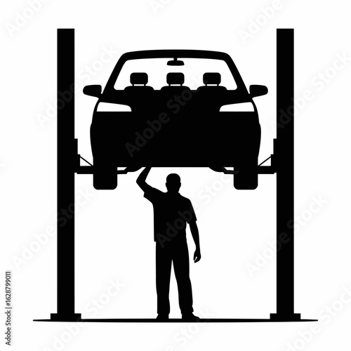 Car Mechanic Working on Elevated Vehicle Silhouette