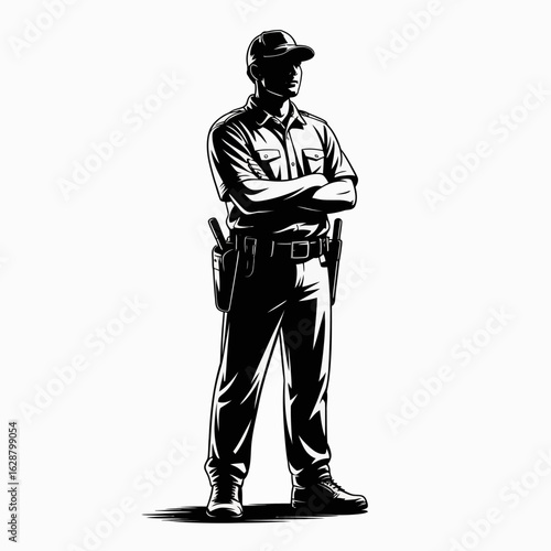 Confident Police Officer Illustration in Black and White