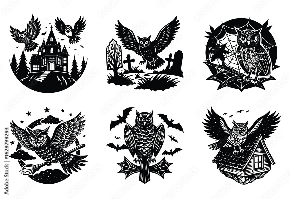 Obraz premium Scary Owl Flying with Spread Wings in Halloween Sky