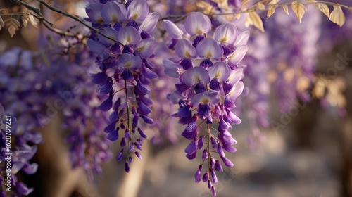 Purple wisteria blossoms in soft light (1)