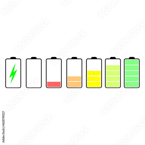 Battery icon. Charge power levels. Full empty status. Vector energy symbol. EPS 10.