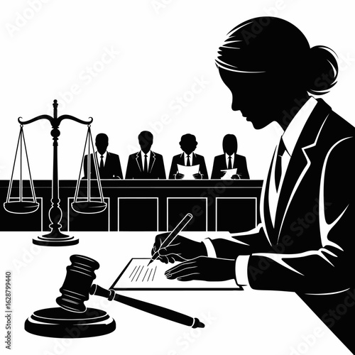 Courtroom Scene with Lawyer and Gavel Illustration