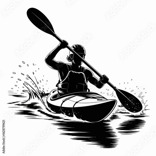 Dynamic Kayaking Illustration in Black and White
