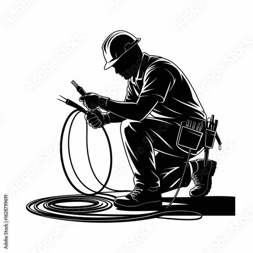 Electrician Working with Cables and Tools