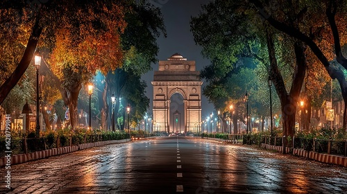 Night view of India Gate in New Delhi with Indian flag waving
