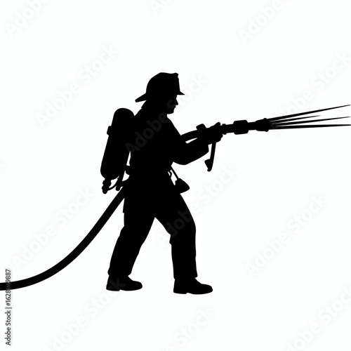 Firefighter Silhouette with Hose and Nozzle