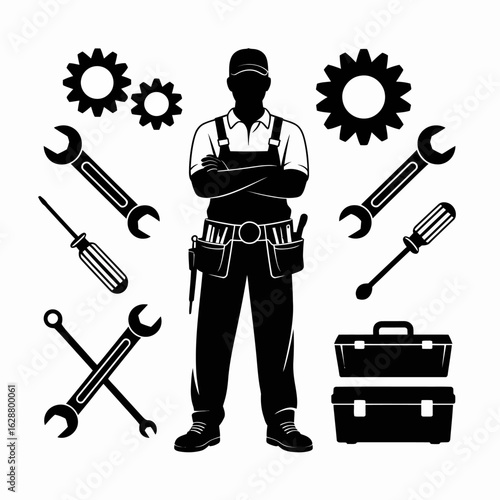 Handyman Silhouette with Tools and Gears Design