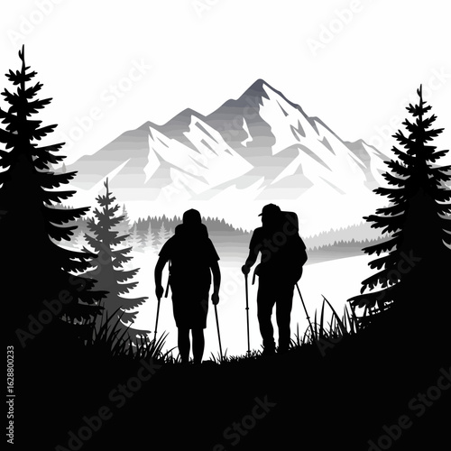 Hikers Silhouette in Mountain Landscape, Adventure Nature
