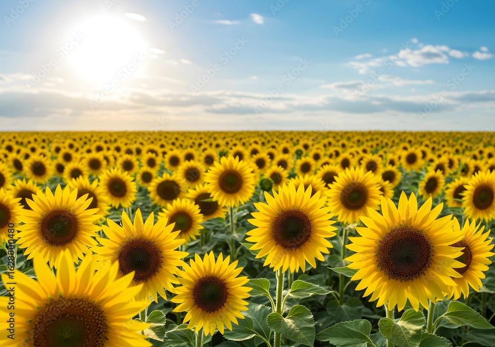 Obraz premium Endless field of bright yellow sunflowers stretching to horizon under blue sky with white clouds and bright sun creating perfect summer agricultural landscape scene.