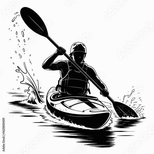 Kayaking Adventure in Black and White Illustration