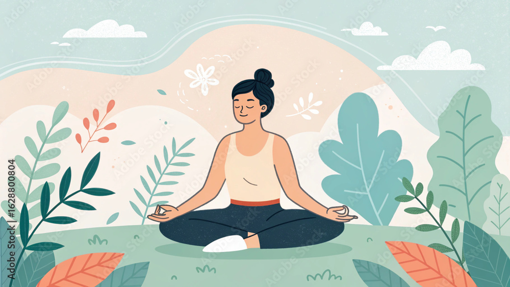 custom made wallpaper toronto digitalPeaceful flat illustration of a woman meditating outdoors, surrounded by plants and soft abstract shapes, pastel tones, wellness concept