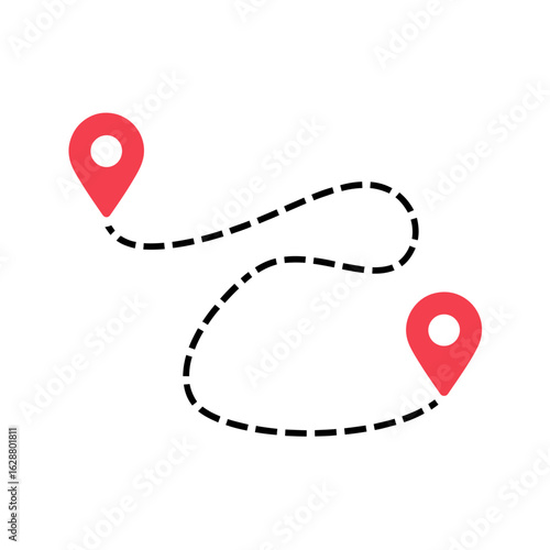 Navigation route with red pin pointers showing distance and direction for travel and delivery service mapping concept destination search on a white background