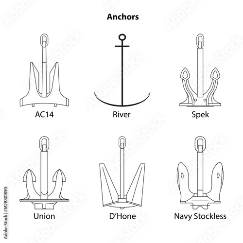 Anchor types chart. Nautical vector illustration. Marine anchor diagram. Boat equipment sketch. EPS 10.