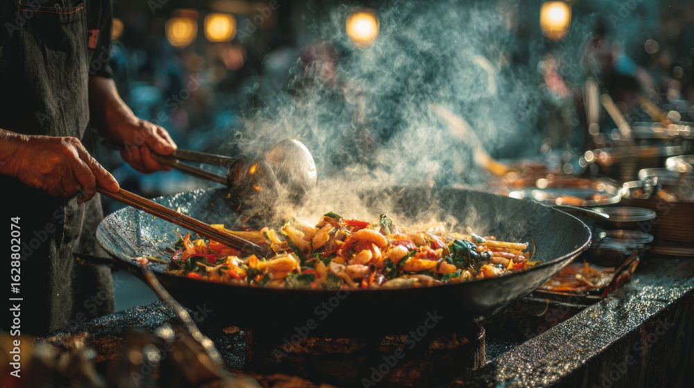 Fototapeta premium A chef quickly stir-frying seafood and vegetables in a wok at a lively street food event