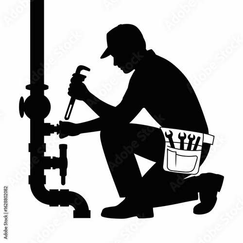 Plumbing Technician Silhouette Working on Pipes